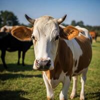 A cow is standing in a field with other cows photo