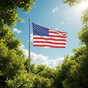 A flag flying in the wind through a forest photo