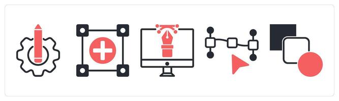 5 design icons as design setting, editable object, digital design in red color vector
