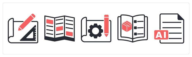 5 design icons as sketch, flyer, prototype sketch in red color vector