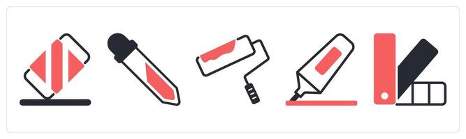 5 design icons as eraser tool, color picker, paint roller in red color vector