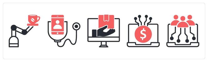 5 untact era icons as coffee robot, digital checkup, digital delivery in red color vector