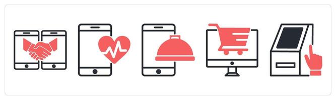 5 untact era icons as untact business, online health care, online fodd order in red color vector
