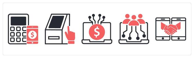 5 untact era icons as online payment, atm service, digital transaction in red color vector