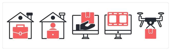 5 untact era icons as home business, work from home, digital delivery in red color vector
