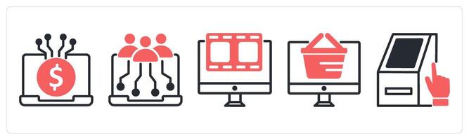 5 untact era icons as digital transaction, digital inclusivity, digital entertainment in red color vector