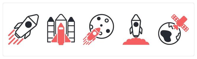 5 space icons as robot, space shuttle, space mission in red color vector