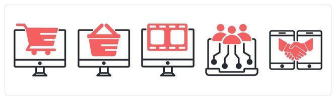 5 untact era icons as online shopping, digital shopping, digital entertainment in red color vector