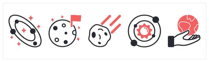 5 space icons as galaxy, moon, comet in red color vector
