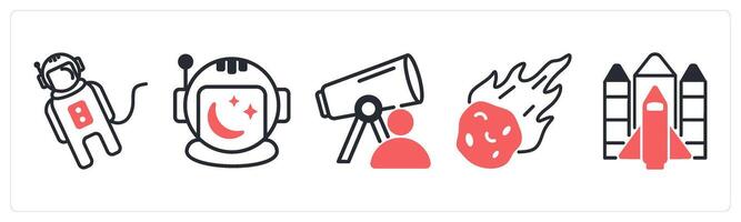 5 space icons as space suit, space helmet, astronomer in red color vector