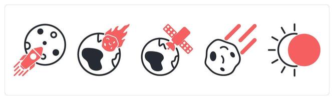 5 space icons as space mission, earth meteor, earth satellite in red color vector