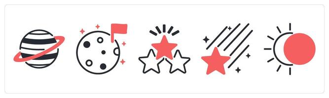 5 space icons as planet, moon, stars in red color vector
