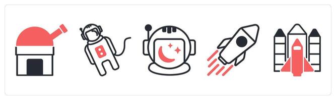 5 space icons as observatory, space suit, space helmet in red color vector