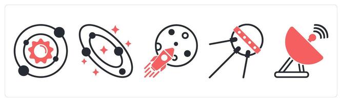5 space icons as solar system, galaxy, space mission in red color vector