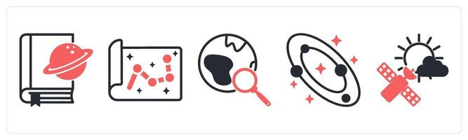 5 space icons as space book, map, find planet in red color vector