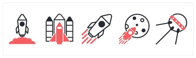 5 space icons as rocket launch, space shuttle, rocket in red color vector