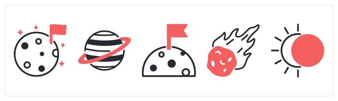 5 space icons as moon, planet, meteorite in red color vector