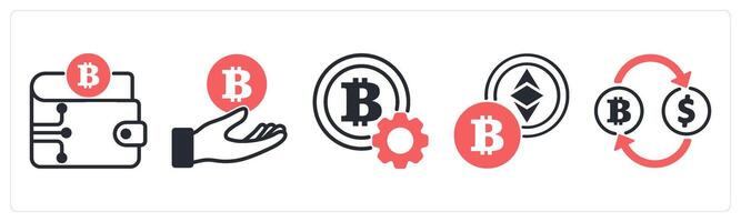 5 cyrptocurrency icons as crypto wallet, bitcoin, cryptocurrency setting in red color vector