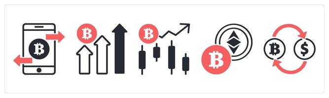 5 cyrptocurrency icons as transaction, cryptocurrency growth, cryptocurrency trend crypto in red color vector