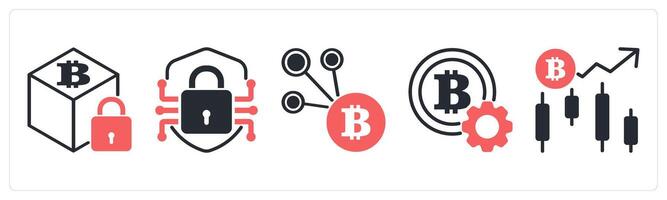 5 cyrptocurrency icons as blockchain security, encrypted shield, bitcoin network in red color vector