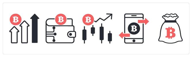 5 cyrptocurrency icons as cryptocurrency growth, crypto wallet, cryptocurrency trend in red color vector