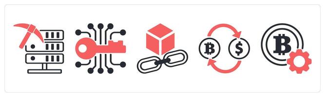 5 cyrptocurrency icons as data mining, encryption key, blockchain link in red color vector
