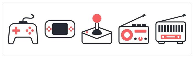 5 device icons as gamepad, gaming psp, joystick in red color vector