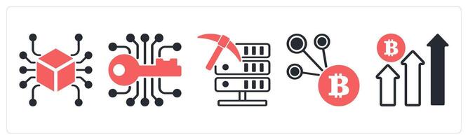 5 cyrptocurrency icons as blockchain, encryption key, data mining in red color vector