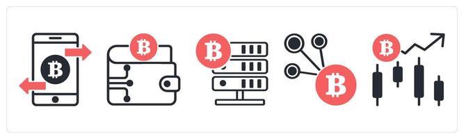 5 cyrptocurrency icons as transaction, crypto wallet, crypto data in red color vector