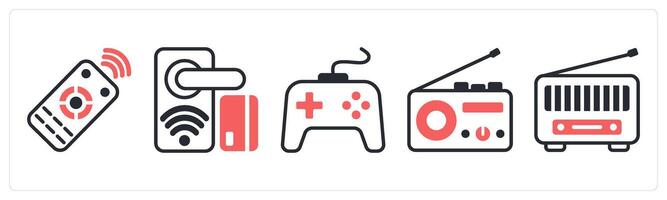 5 device icons as remote control, smart lock, gamepad in red color vector