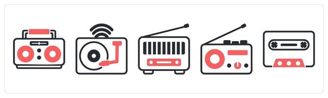 5 device icons as boombox, vinyl, radio in red color vector