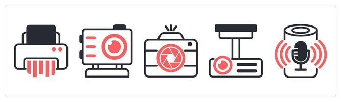 5 device icons as paper shader, gopro, camera, projector in red color vector