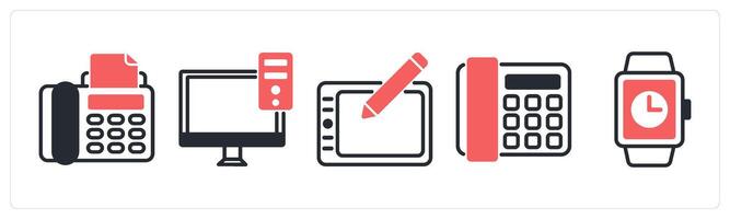 5 device icons as fax phone, pc, wacom in red color vector
