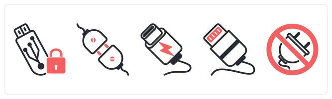 5 device icons as database alert, server performance, database search in red color vector