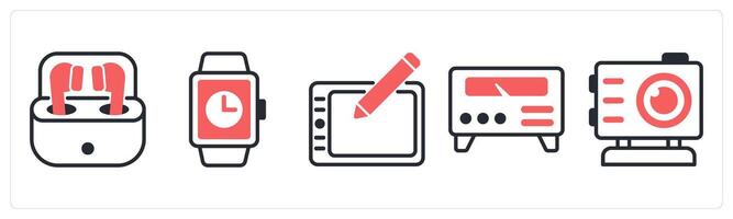 5 device icons as earbuds, smart watch, wacom in red color vector
