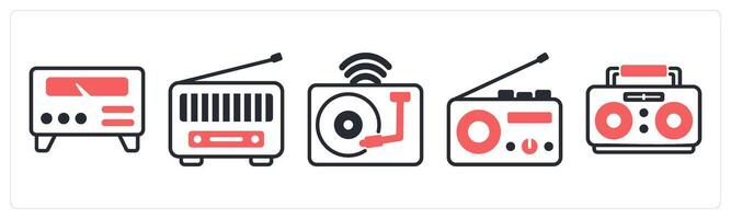 5 device icons as amplifier, vinyl in red color vector