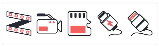 5 device icons as led strip, camera, memory chip in red color vector