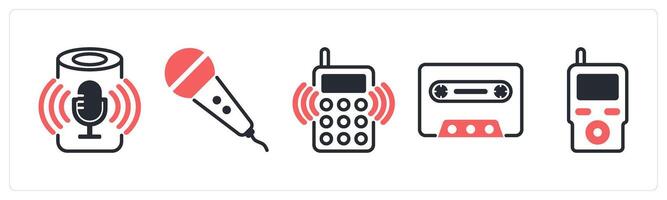 5 device icons as smart speaker, microphone, radio phone in red color vector