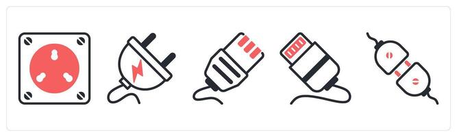 5 device icons as electric socket, electric plug, ethernet in red color vector