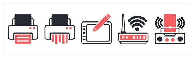 5 device icons as printer, paper shader, wacom in red color vector
