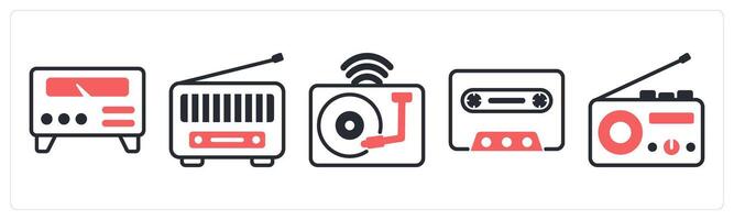 5 device icons as amplifier, radio in red color vector
