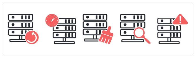 5 device icons as server backup, server performance, server cleansing in red color vector