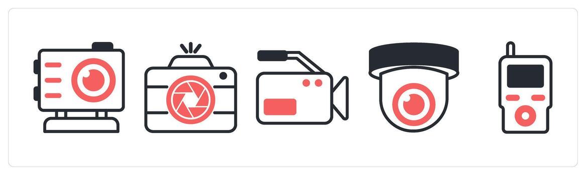 5 device icons as gopro, camera, camera in red color vector