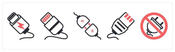 5 device icons as c cable, cable lightning, connector in red color vector