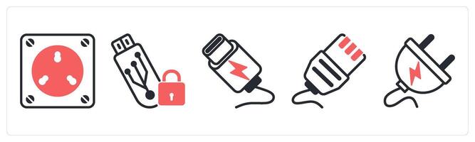 5 device icons as electric socket, locked memory, c cable in red color vector