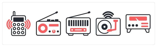 5 device icons as radio phone, radio, vinyl in red color vector