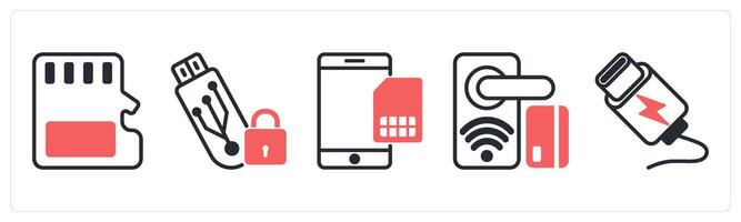 5 device icons as memory chip, locked memory, mobile card, in red color vector