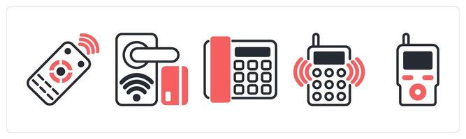 5 device icons as remoter control, smart lock, telephone in red color vector