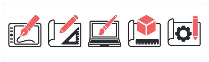 5 design icons as digital art, sketch, web design in red color vector