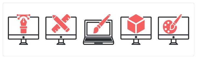 5 design icons as digital design, custom design, web design in red color vector